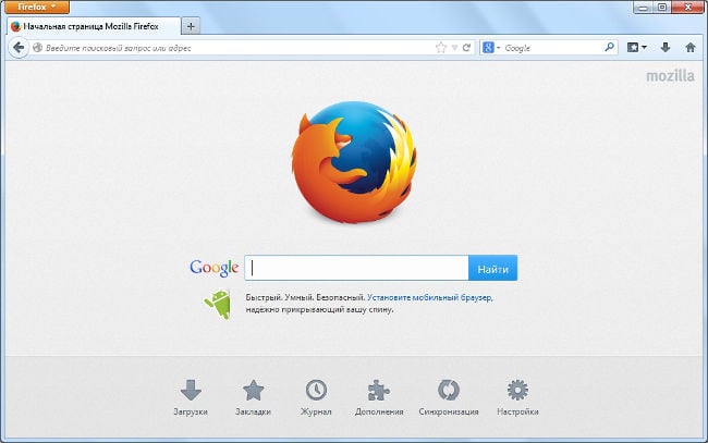 شاشة بدء متصفح Firefox