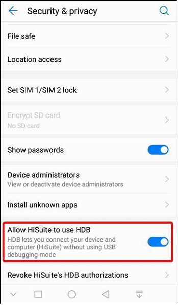 السماح HiSuite لاستخدام ADB